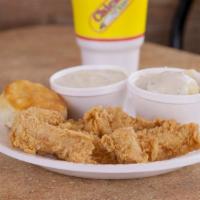 #3. 3 Pieces Of Chicken · Served with 1 regular side item, a 32 oz. drink & a biscuit or a roll.