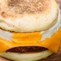 Sausage Muff'N · Sausage, egg, and cheddar cheese on an English Muffin.