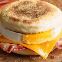 Bacon Muff'N · Bacon, egg, and cheese on an English Muffin.