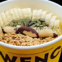 Banana Nut - Greek Yogurt Bowl · Greek yogurt, banana, brazil nuts, hemp seeds, almonds, pumpkin. seeds, honey & granola.