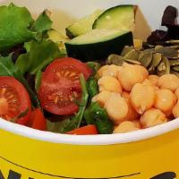 Honey Greens Salad · Mixed greens, garbanzo beans. tomato, cucumber, pumpkin seeds,. honey mustard dressing.