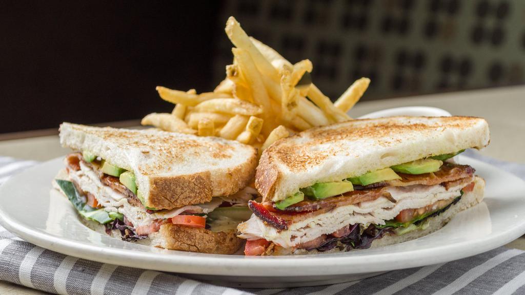 Roasted Turkey & Avocado Club · Natural turkey, bacon, lettuce, tomato, peppercorn aïoli, toasted country bread

1100 cals (w/ Chips)
740 cals (w/ Salad)