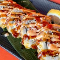 Redline Roll · In: Spicy tuna, Shrimp tempura, cream cheese, deep fried Out: Spicy Mayo, Eel Sauce Sriracha