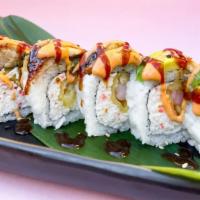 Dragon Roll · In: shrimp tempura, crab out: eel, avocado, spicy mayo, eel sauce