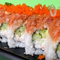 Okinawa Roll · In: crab, avocado, cucumber out: spicy tuna, masago, sesame oil, ponzu sauce