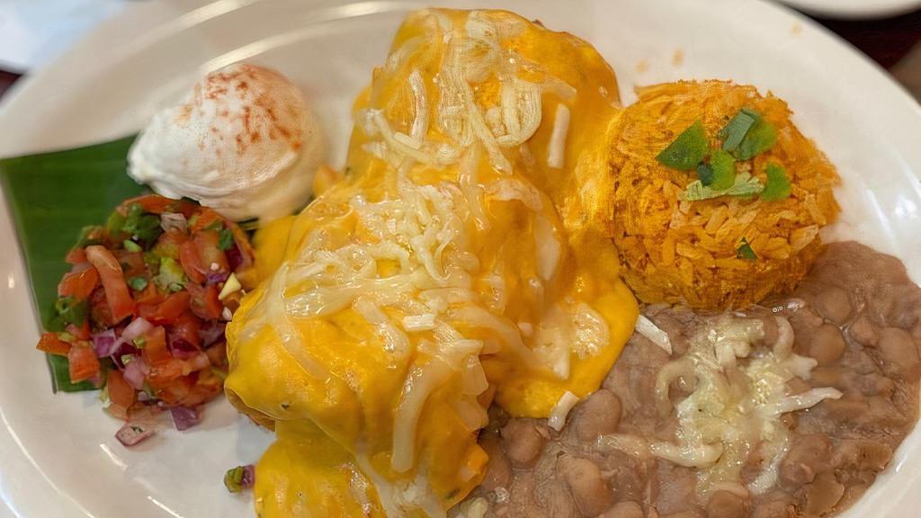 Chimichanga · Fried burrito, stuffed with ground meat or shredded chicken, choose your sauce. Serving with rice beans, sour cream, and pico de gallo.