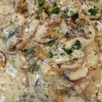 Chicken Bistro · Chicken breast sautéed with mushrooms and shallots in a brandy, dill cream sauce.