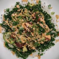 Tuna Poke · avocado, cucumber, sushi rice, seaweed salad, spicy chile mayo, crushed wasabi peas