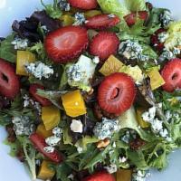 Beet & Strawberry Salad · golden beets, fresh strawberries, jalapeño–lavender vinaigrette, mixed greens, blue cheese, ...
