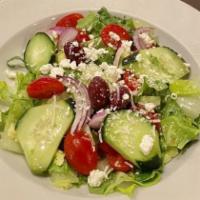 Mimi'S Mediterranean Salad · Lettuce mixed with sherry tomatoes, cucumbers, black olives, feta cheese, red onion, & vineg...