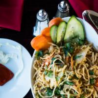 Chicken Noodles · Boiled noodle tossed with chicken seasoning, ginger, soy sauce.