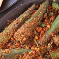 Bhindi Masala Masti [Vegan] · Fresh okra sauteed with onions, garlic and tomatoes.
