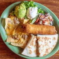 Sampler Platter · Chimichanga, quesadilla, nachos, pico de gallo, guacamole and sour cream.
