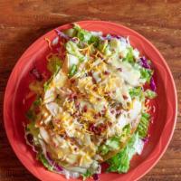 Santa Fe Salad · Crisp tortilla boat filled with fresh lettuce, topped with chicken fajita strips, cheese, ba...