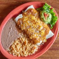 Enchiladas (2) · Cheese with chili and cheese, taco meat, fajita beef, or chicken.