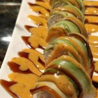 Brittany Roll · Shrimp tempura & crab meat rolled in soy paper topped with avocado, spicy mayo and eel sauce.