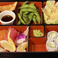 Sashimi (6) Bento · Served with chicken dumplings, edamame and 1/2 California roll