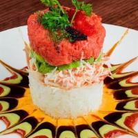 Ahi Tower · Raw. Spicy tuna, crab meat mix, avocado, and assorted caviar, sushi rice with chef special s...