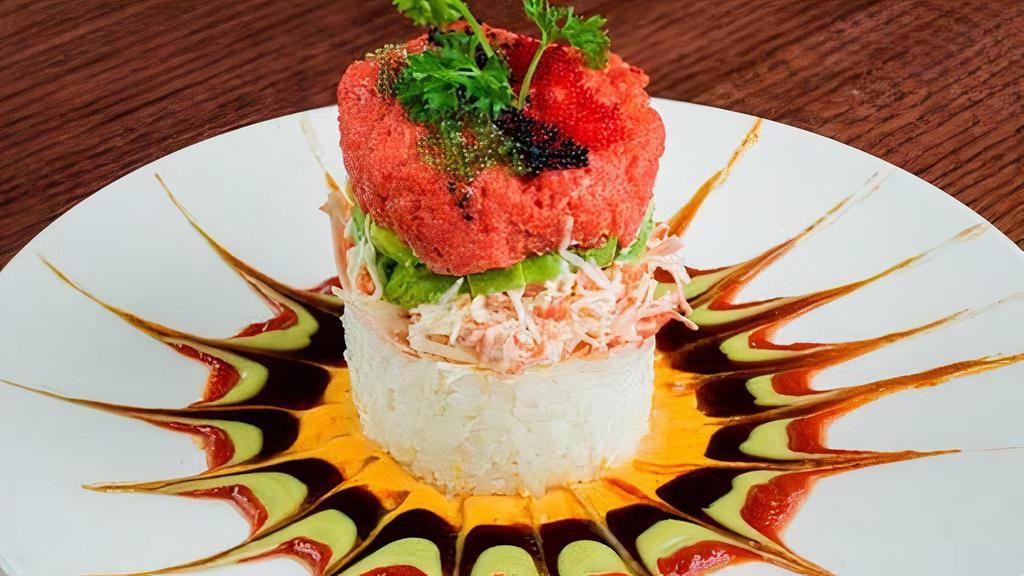 Ahi Tower · Raw. Spicy tuna, crab meat mix, avocado, and assorted caviar, sushi rice with chef special sauce.