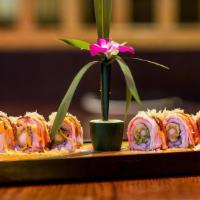 Hair Mex Roll · Shrimp tempura, avocado rolled, topped with crabstick, crunch, eel sauce, and spicy mayo. Sp...