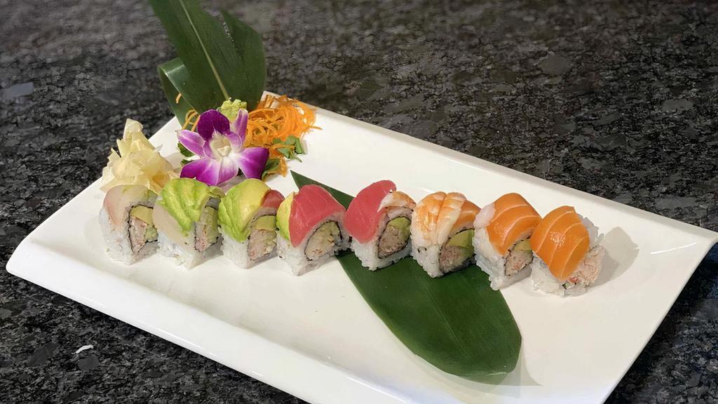 Rainbow Roll · Raw. California roll topped with tuna, salmon, snapper, avocado and shrimp.