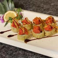 Ft Worth Roll · Raw. Salmon, cream cheese, avocado rolled, lightly tempura topped with spicy crunchy tuna, w...