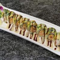 Green Forest Roll · Eel, spicy crunchy crabmeat rolled, topped with avocado, eel sauce, honey mayo and masago. S...