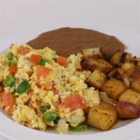 Huevos A La Mexicana Plate · Our spicy scrambled eggs. Jalapeño, onion, tomatoes. Served with two sides only rice, beans,...