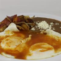 Huevos Rancheros · Sunny side up eggs topped with red salsa. Comes with two sides only rice, beans, potatoes.
