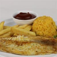 Kids Filete · Grilled tilapia fillet served with rice and French fries.