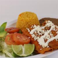 Enchiladas Rojas · Served with rice, beans, salad and corn or flour tortillas.