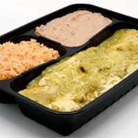 Enchiladas Verdes · Juicy chicken in a fresh corn tortilla, topped with our tangy house tomatillo sauce and melt...