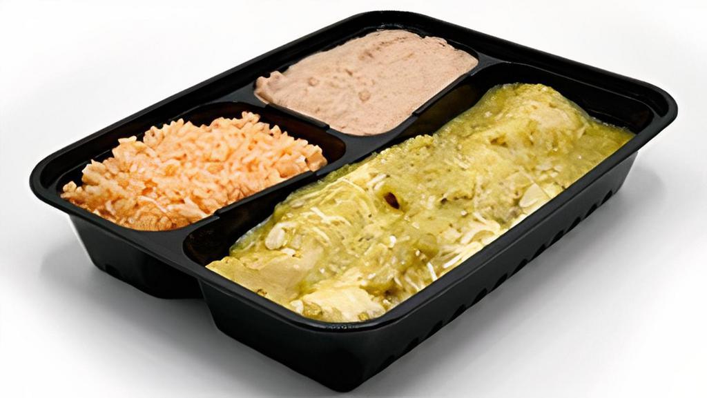 Enchiladas Verdes · Juicy chicken in a fresh corn tortilla, topped with our tangy house tomatillo sauce and melted Monterey cheese. Served with Mexican rice and refried beans.