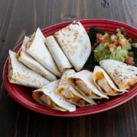 Chicken Quesadilla  · Mesquite grilled fajita chicken, melted cheese & green chiles. Served with guacamole & pico ...