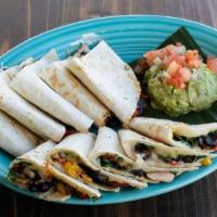 Vegetable Quesadilla · Vegetarian. Melted jack cheese, spinach, poblano & red bell pepper, mushroom, black beans & ...