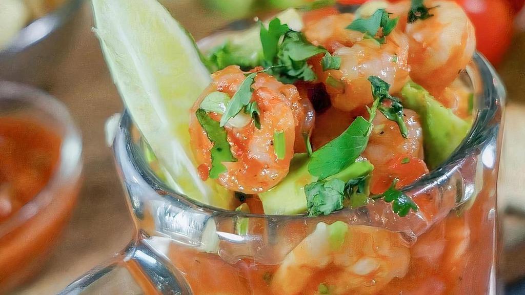 Mexican Shrimp Cocktail · Bay shrimp marinated in lime juice, pico de gallo, avocado and cocktail sauce.