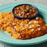 Classic Cheese Enchiladas · Two traditional enchiladas rolled in a corn tortilla, covered in your choice of chili con ca...