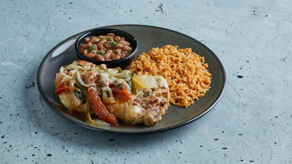 Chicken Dirty Bob · Mesquite grilled fajita chicken chimichanga. Large flour tortilla stufed with fajita meat, refried beans & cheese. Fried & smothered in a savory ranchero sauce with a side of guacamole & pico de gallo. Served with Spanish rice & frijoles refritos.