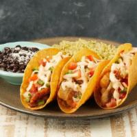 Tacos Frescos · Three crispy tacos with blackened tilapia, pico de gallo & jack cheese. Topped with chipotle...