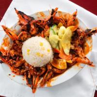 Camarones Zarandeados / Shaken Shrimp · Butterfly cut head on shrimp marinated in huichol sauce and citrus juice served with a side ...