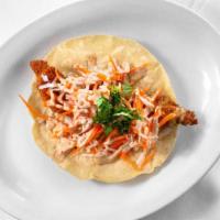 Taco Perla · Tempura fish garnish with shredded jicama-carrot slaw and habanero mayo