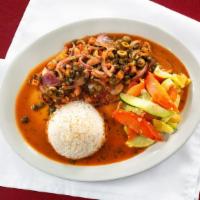 Filete A La Veracruzana · Pan seared fish fillet topped with tomato, onions, bell peppers, olives, capers, served with...
