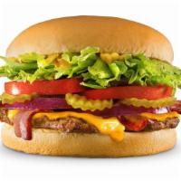 Bacon Cheese Hungr-Buster® · 1/4 lb. grilled beef patty topped with crispy lettuce, ripe tomatoes, purple onions, tangy p...