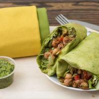Spicy Chickpea  · Indian-style chickpeas with lettuce, tomatoes, grilled onions, and chimichurri sauce. Your c...