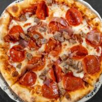 Carne Amore Pizza · Italian sausage, capicola, pancetta, pepperoni, prosciutto, mozzarella and parmigiano.