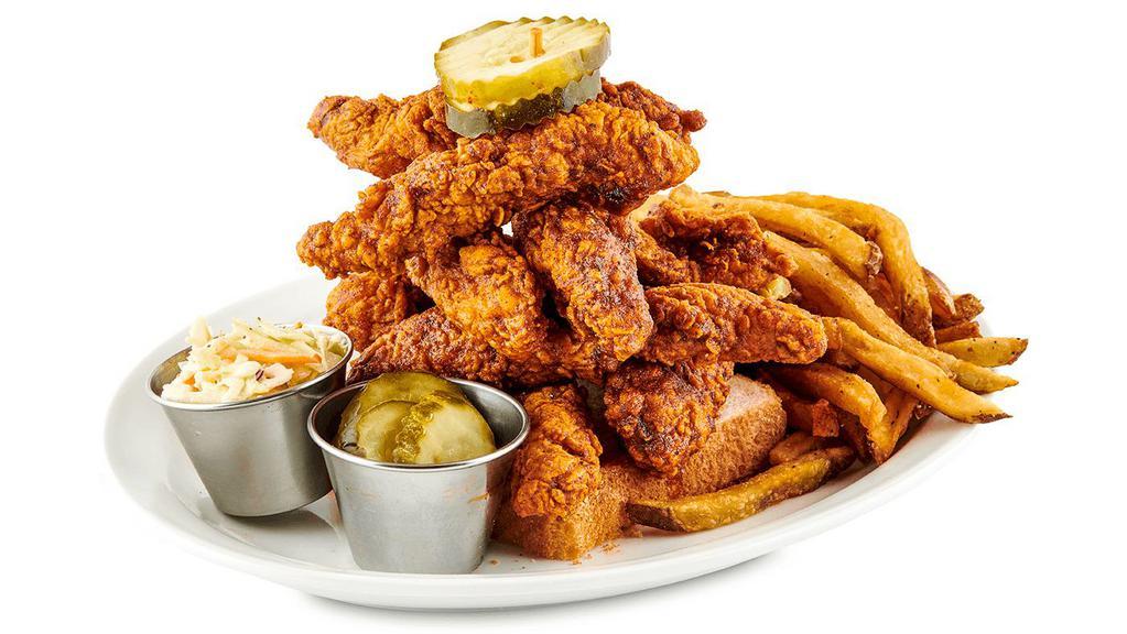 Nashville Hot Chx Tenders · Hand Breaded Chicken Tenders tossed in our Housemade Hot Sauce and sprikled with Nashville Seasoning. Comes with Fries, Coleslaw and sliced pickles.