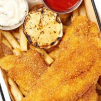 Fresh Fried Catfish · Hand Breaded to Order. Served with Tarter Sauce, Lemon and your choice of one side.
