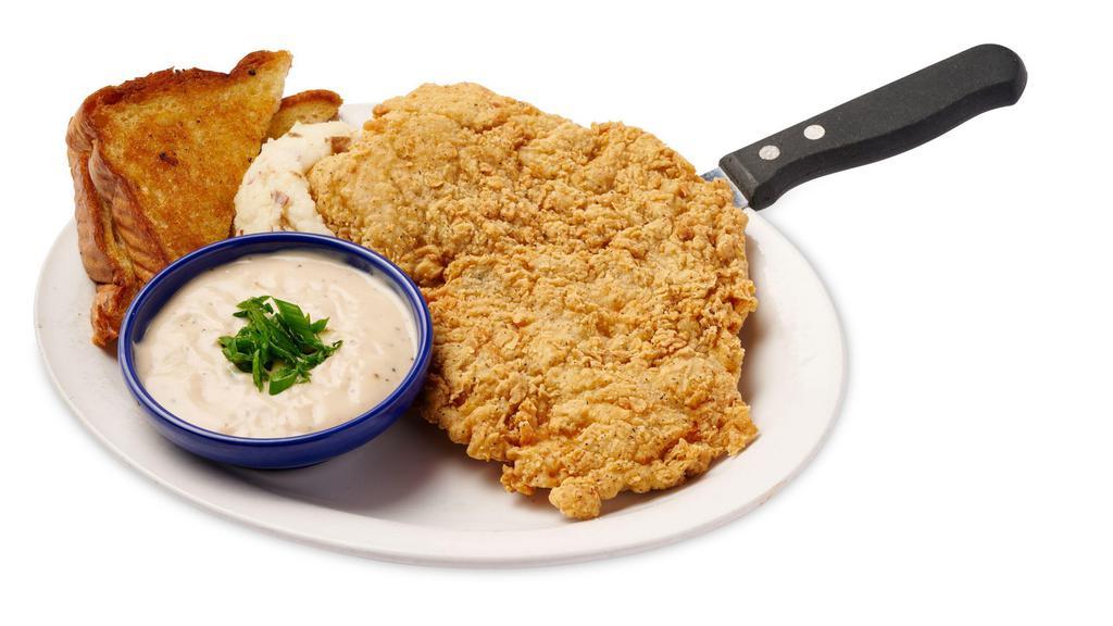 Chicken Fried Chicken · Hand Breaded to Order. Served with Cream Gravy (topped with fresh chives), Texas Toast and your choice of one side.