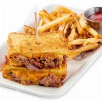 Texan Melt · Smoked Brisket, Honey BBQ Sauce, Sauteed Red Onions with Jack and Cheddar cheese on toasted ...