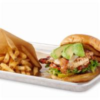 California Chx Sandwich* · Grilled chicken breast with Bacon, Swiss Cheese, fresh Avocado and Homemade Ranch